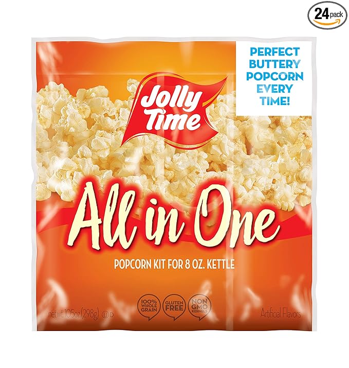 JOLLY TIME All in One Popcorn Kit, Portion Packets with Kernels, Oil and Salt for Movie Theater or Air Popper Machines (24 pack, 8oz Kettle)