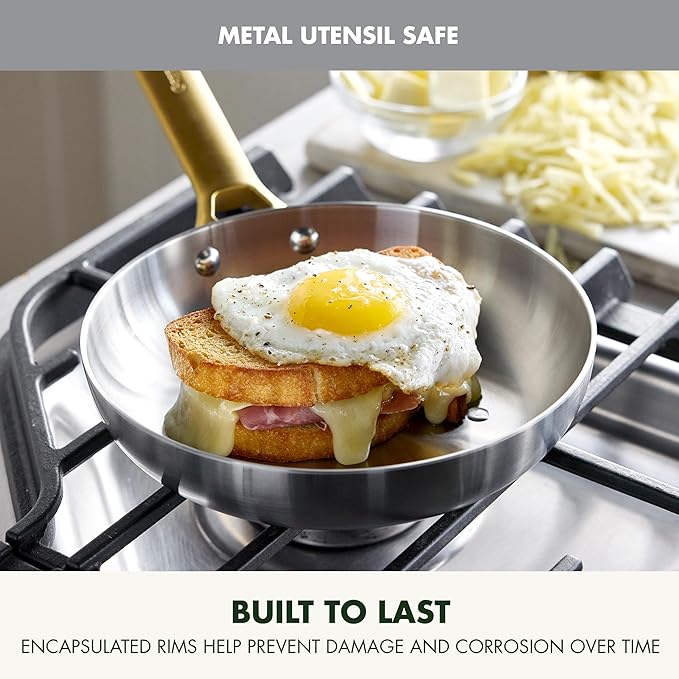 GreenPan Stainless Steel Tri-Ply Reserve 10” and 12” Frying Pan Skillet Set, Multiclad Cookware, Induction, Oven & Broiler Safe to 600°F, Heat Responsive Core, Dishwasher Safe, Gold Handles
