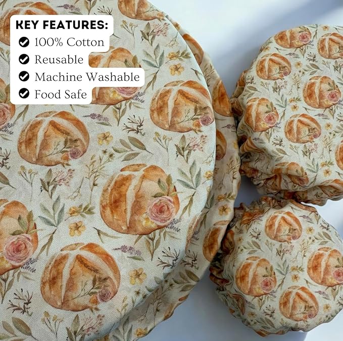 (4-Pack) Sourdough Reuseable Jar & Bowl Covers | Cute Baking Gift | 100% Cotton | Washable | Bread Proofing | Kitchen Food Storage Gifting | Starter Cover Lid Kit (Vintage Sourdough)