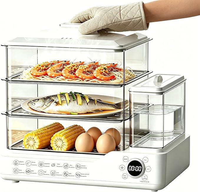 Electric Steamer: 24L/25QT Electric Steamer for Cooking, 3 Tier Food Steamer with Detachable Water Tank, Steamer for Food with 800W Power for Veggies, Seafood & Rice, BPA-Free