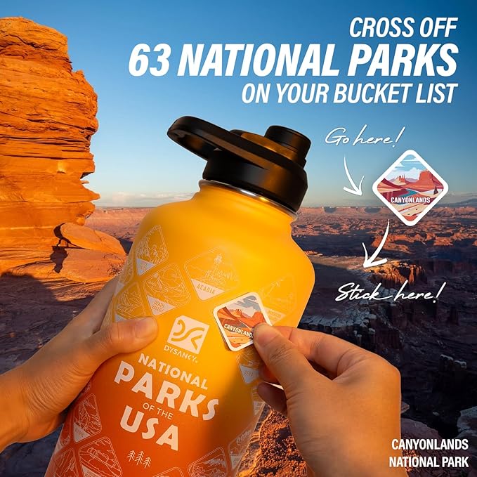 DYSANKY National Parks Water Bottle – 64 oz Insulated Stainless Steel Bottle with 63 Hand-Drawn Park Stickers, Carrier Bag, Strap & Gift Box – BPA-Free – Ideal for Hiking, Camping & Travel