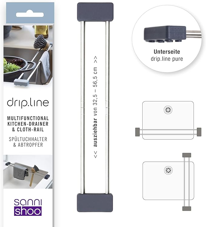 Sanni Shoo drip.line Pure - Versatile and Adjustable Kitchen Rack Drip Tray for Dishcloths, Brushes, and Bottles - Hygienic Storage - Made ofStainless Steel and Silicone