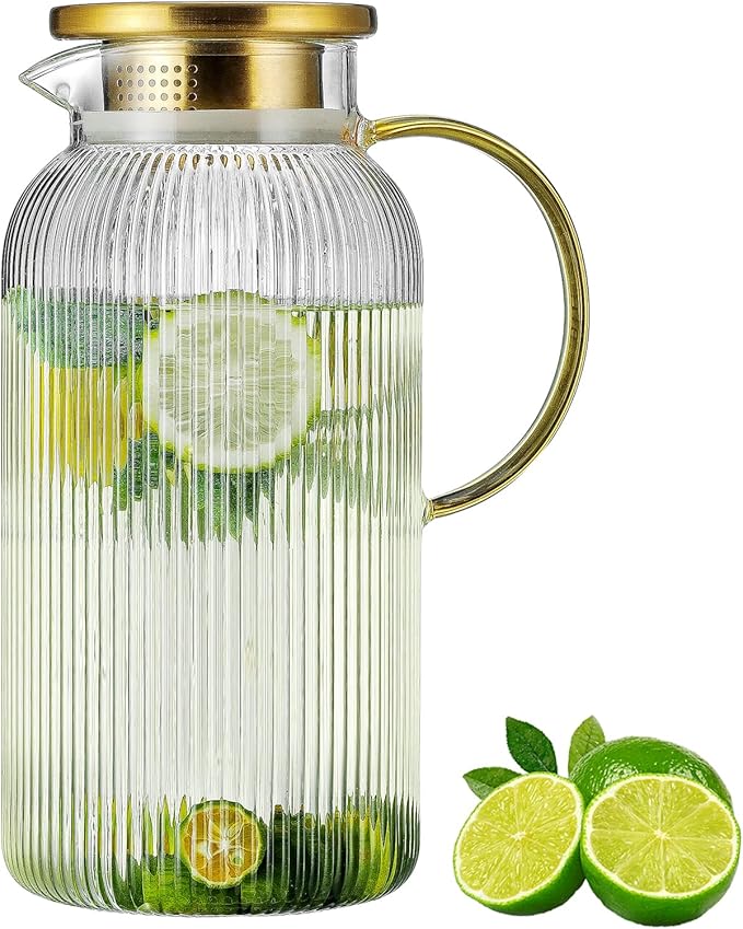 Buaic Glass Pitcher with Lid, 84oz/2.5 Liter Classic Vertical Stripes Water Pitcher,Glass Water Carafe for Cold Brew, Coffee, Lemonade, Iced Sun Tea,Beverage, Milk, Heat Resistant