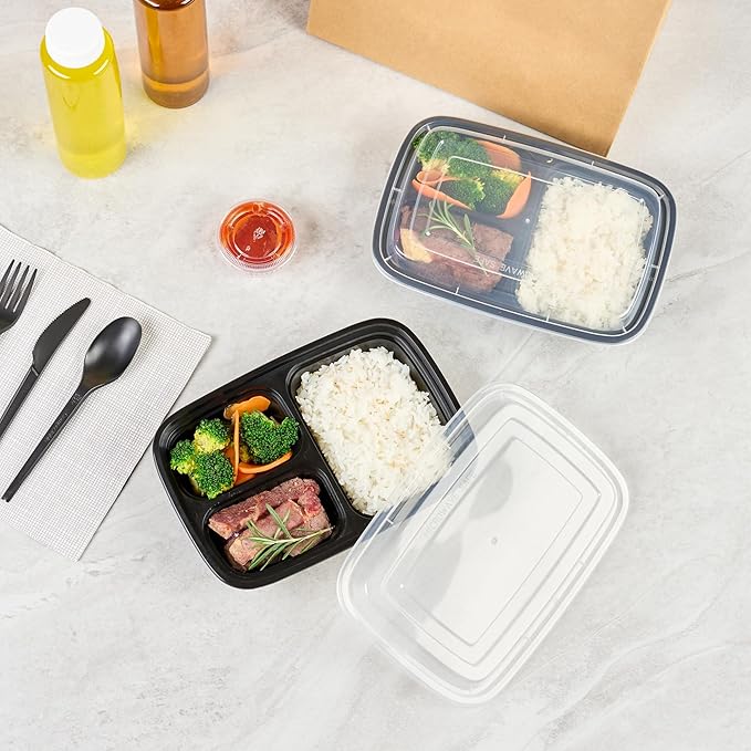 Restaurantware Asporto 26 Ounce Compartment Take Out Boxes 100 Microwavable Meal Prep Containers - 3 Compartments With Clear Plastic Lids Black Plastic Food Containers Do Not Contain BPA