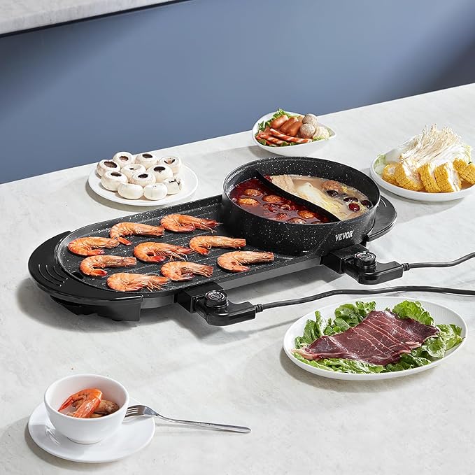 VEVOR Hot Pot with Grill, 2200W 2-in-1 Electric Smokeless Grill and Hot Pot, Korean BBQ Shabu Shabu Hotpot with Separate Dual Temperature Control, Non-stick Pan, for 1-6 People Family Dinning