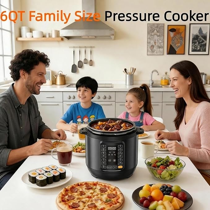 Simple Deluxe 6QT Electric Pressure Cooker, 16-in-1 & Non-Stick Stainless Steel Multi Cooker with 12 Presets for Slow Cook, Meat Stew, Steam, Sauté, Canning, Yogurt Maker, Dishwasher Safe, Black