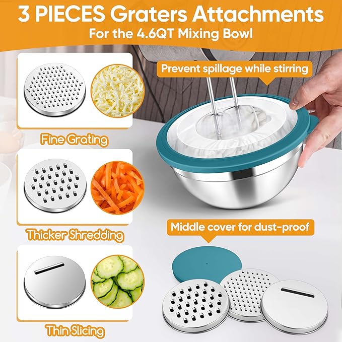 Herogo 5-Piece Mixing Bowls with Visible Lids, 3 Grater Attachments, Stainless Steel Salad Serving Bowls for Kitchen, 4.6/3.5/2.5/2/1.5 QT Ideal for Prepping & Cooking, Colorful