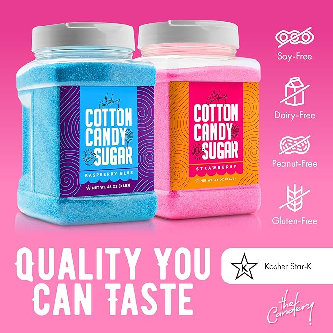 The Candery Cotton Candy Floss Sugar (2-Pack) Includes 100 Premium Cones | Raspberry Blue and Strawberry | Plastic, Reusable Jars | Easy Pour Spout or Scoop | Includes Scooper | 3 LBS Jars