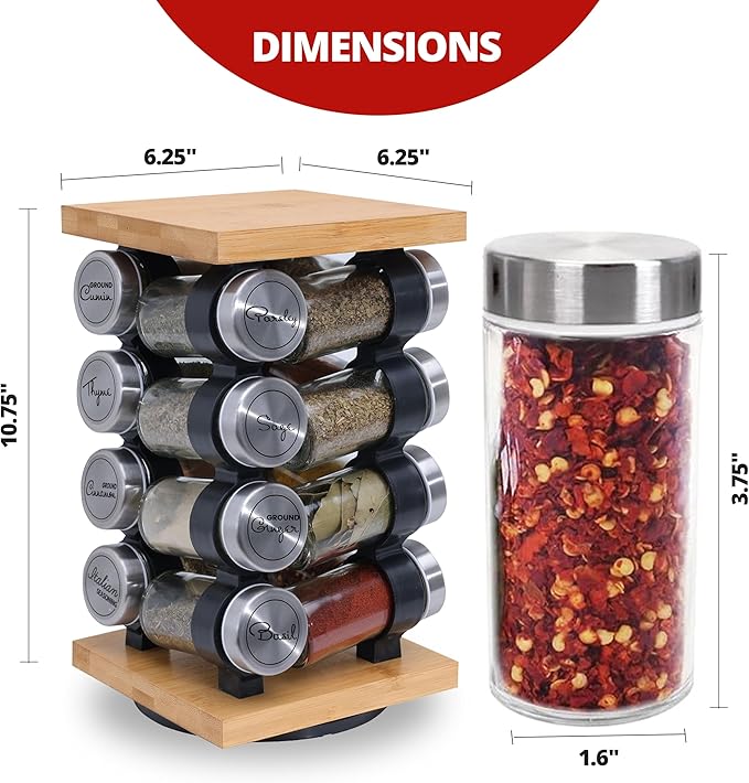 Orii 16 Jar Rotating Bamboo Spice Rack with Spices Included & 5-Year Spice Refill Program – Compact Countertop Spice Rack with Glass Jars
