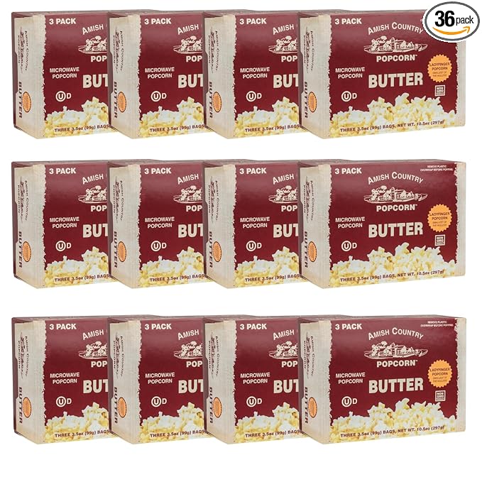 Amish Country Popcorn | Old Fashioned Microwave Popcorn | Ladyfinger Butter - 36 Bags | Non-GMO, Gluten Free, Microwaveable and Kosher (Ladyfinger Butter - 36 Bags)
