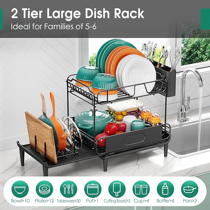 Urackify Dish Drying Rack for Kitchen Counter, Expandable 2 Tier Dish Rack, Large Capacity Dish Drainer with Drainboard Multifunctional Dish Strainer with Removable Cutlery Holder Black
