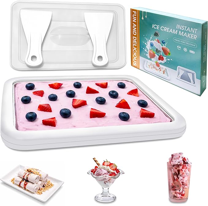 Rolled Ice Cream Maker with Lid and 2 Spatulas, SUS 304 At-Home DIY Instant Rolled Ice Cream Tray for Soft Serve, Slushies, Frozen Yogurt, Sashimi Plate, for Fun Family Activities, Parent-Child Time