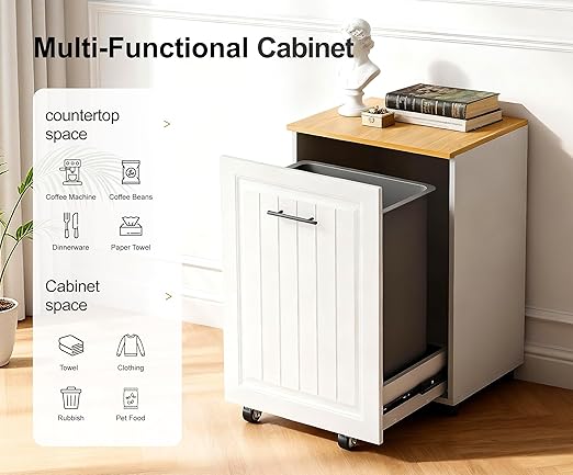 ZIFTY 10 Gallon Pull Out Trash Can Cabinet, Freestanding Kitchen Trash Bin Cabinet, Hidden Garbage & Recycling Cabinet, Pet Proof Trash Can Holder for Kitchen, Laundry & Living Room (White)