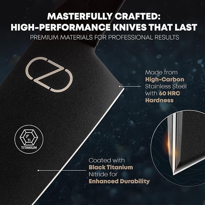 NOVAWARE 5 Pc Kitchen Knife Set – Ultra Sharp 60 HRC Chef Knife Sets, Black Titanium Coated Steel, Ergonomic G10 Handles – Chef Knives Without Block + Mini-Knife, Professional Knives Set for Kitchen