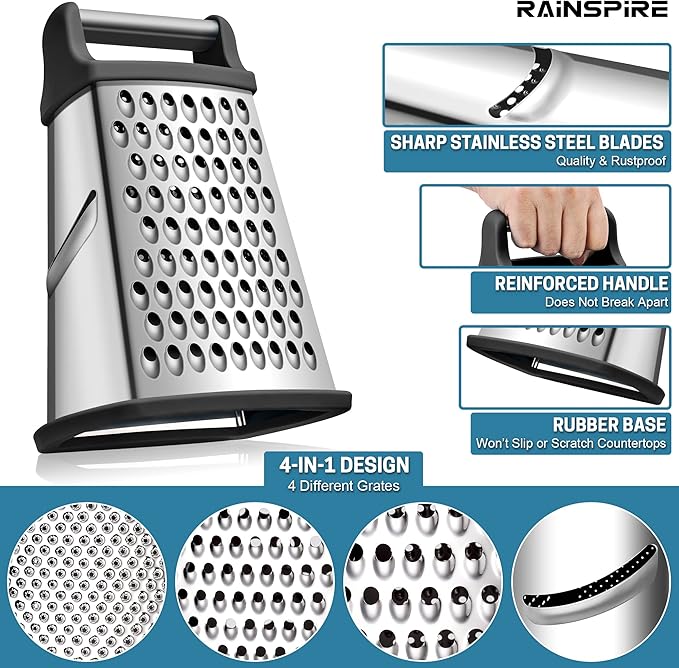 Rainspire Professional Box Grater, Cheese Grater Box for Kitchen Stainless Steel with 4 Sides, Cheese and Spice Graters with Handle for Vegetables, Ginger, Potatoes, Black