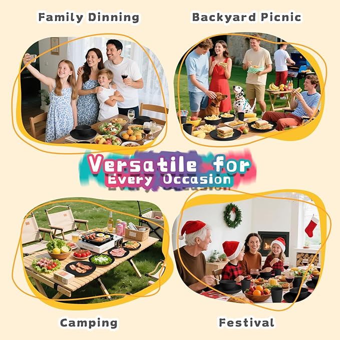 Wheat Straw Dinnerware Sets for 8, 32 PCS Unbreakable Plates and Bowls Sets, Reusable Dinnerware Set for Kitchen Outdoor and Apartment Dinning Essentials - Black