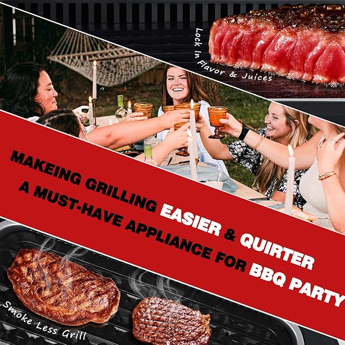 Indoor Grill, Techwood 1500W Smokeless Electric Grill with Tempered Glass Lid, Compact & Portable Non-Stick BBQ Grill with 6-Level Control, Dishwasher Safe, Black