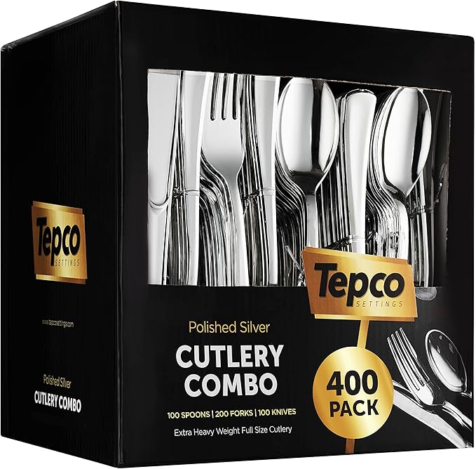 400 Plastic Silverware Set - Silver Cutlery Set - Disposable Flatware Set - 200 Forks - 100 Spoons - 100 Knives - Heavy Duty - Party Bulk