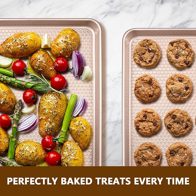 Wildone 2 Pack Half Sheet Baking Pans, Honeycomb Embossed Nonstick Baking Sheet 17.5x12 In, Thicker Carbon Steel Cookie Sheet, Even Heating & Warp Resistant, Rose Gold