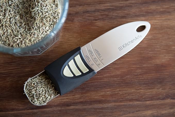 KitchenArt Professional Series Tablespoon, Champagne Satin Measuring Spoon, Adjustable from 1/2 Teaspoon to 1 Tablespoon, White & Black
