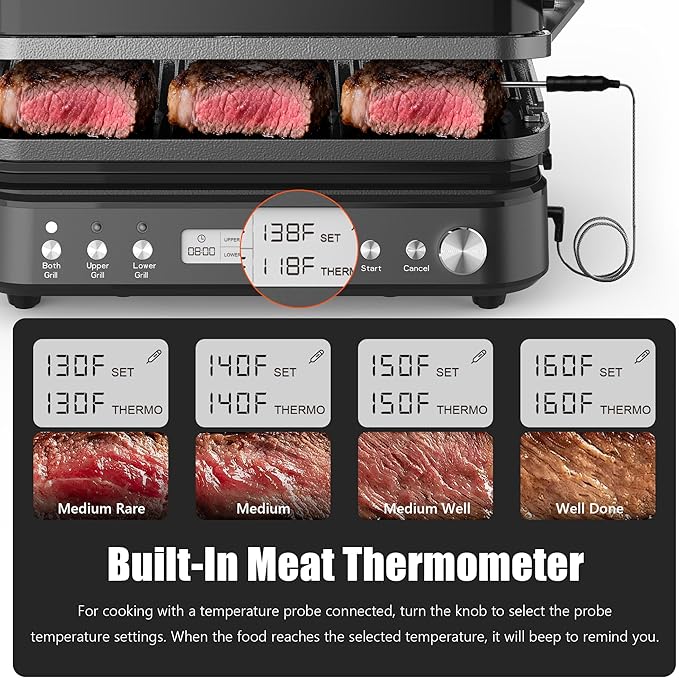 CATTLEMAN Panini Grill Press Sandwich Maker with Removable Plates, 1600W, 6 in 1 Waffle Maker & Electric Indoor Grill with Meat Thermometer, PFAS Free Ceramic Nonstick Reversible Plates, Opens Flat