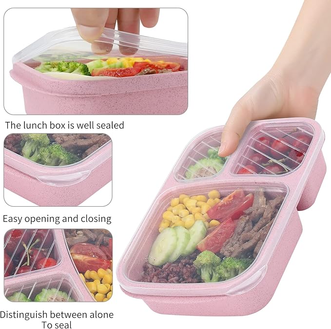 buluker 4 Pack Bento Lunch Box Set 3 Compartment Food Storage Containers Wheat Straw Meal Prep Lunch Box Plastic Food Storage Containers, Microwave and Dishwasher Safe (light colour)