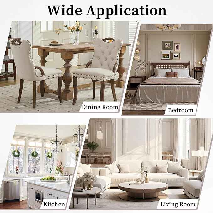 Beige Velvet Dining Chairs Set of 2，Modern Upholstered Dining Room Chairs with Tufted Back and Wood Handles, Curved Solid Wood Legs, Sillas de Comedor