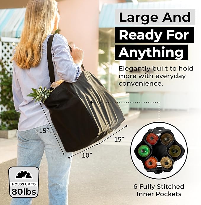 VeraMia Canvas Grocery Bag 3pc XL Set with Real Pockets, Long Shoulder Strap and Short Handle. Heavy Duty, Foldable, Washable