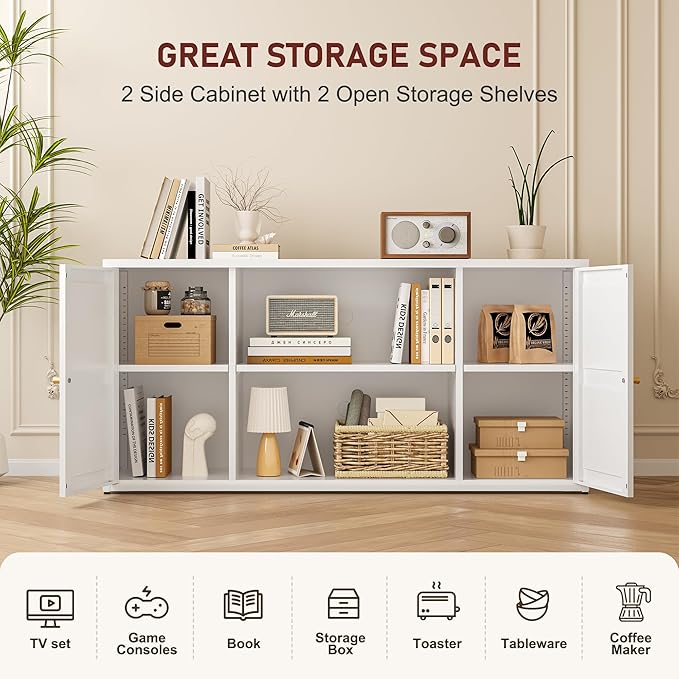 Metal TV Stand for 65 Inch TV, Farmhouse TV Entertainment Center with Storage Cabinets and Adjustable Shelves, Modern Media TV Console Table, TV Cabinet for Living Room, Bedroom, White