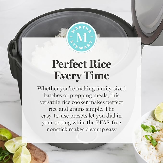 Martha Stewart Rice Cooker, 4 Cup (Uncooked) / 8 Cup (Cooked), Ceramic Non-Stick Removable Pot, Keep Warm, Measure Markings, Steam Basket, Brown & Sushi Rice, Quick Cook, Quinoa, Grains, Oats, Caviar Gray