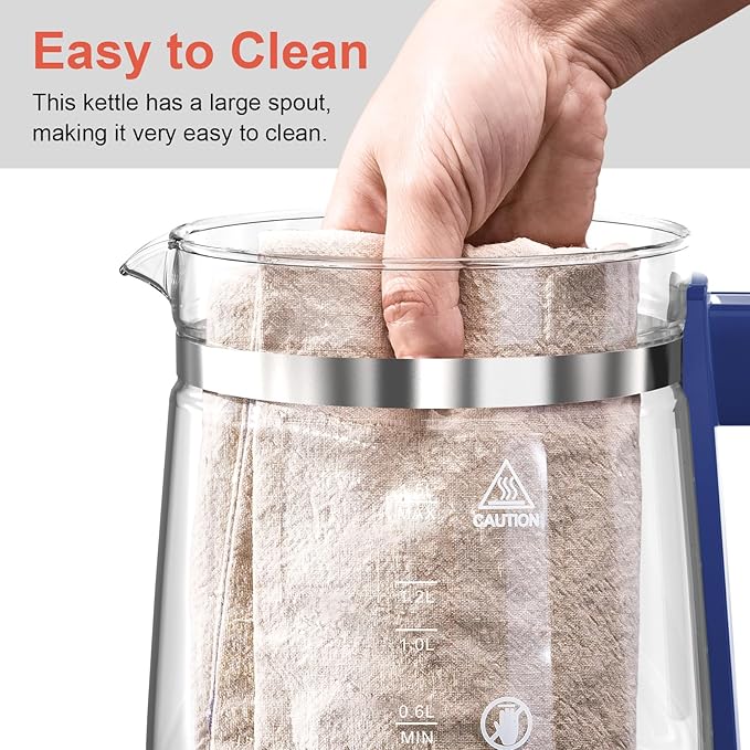 1200w Electric Kettle, 1.5L Borosilicate Glass tea kettle, Hot water kettle electric for Coffee or Tea, BPA Free, Auto Shut-Off, Stainless Steel, Fast Boil, Blue