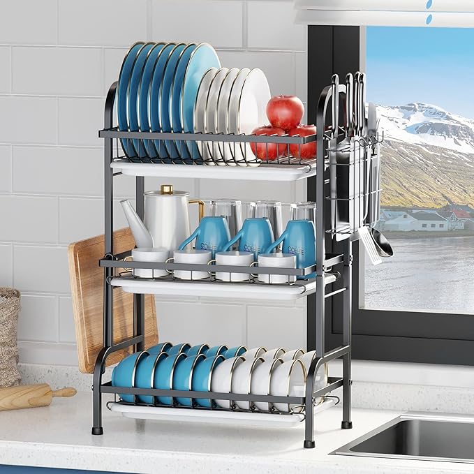Goldmeet 3 Tier Dish Drying Rack, Large Stainless Steel Over The Sink Dish with Drain Tray, Kitchen Dishes Drying Racks, Dish Racks for Kitchen Counter Storage (Black)