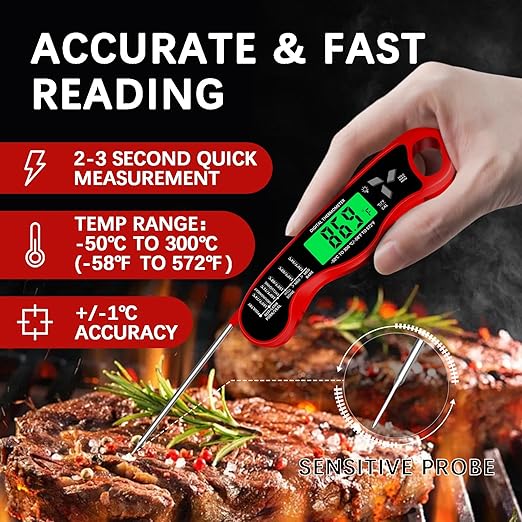 Meat Thermometer Digital，IP67 Waterproof Cooking Thermometer with Backlight, Calibration & Hold Function，Food Thermometer for Cooking,Outdoor Grilling，Suitable as Stocking Stuffers for Men