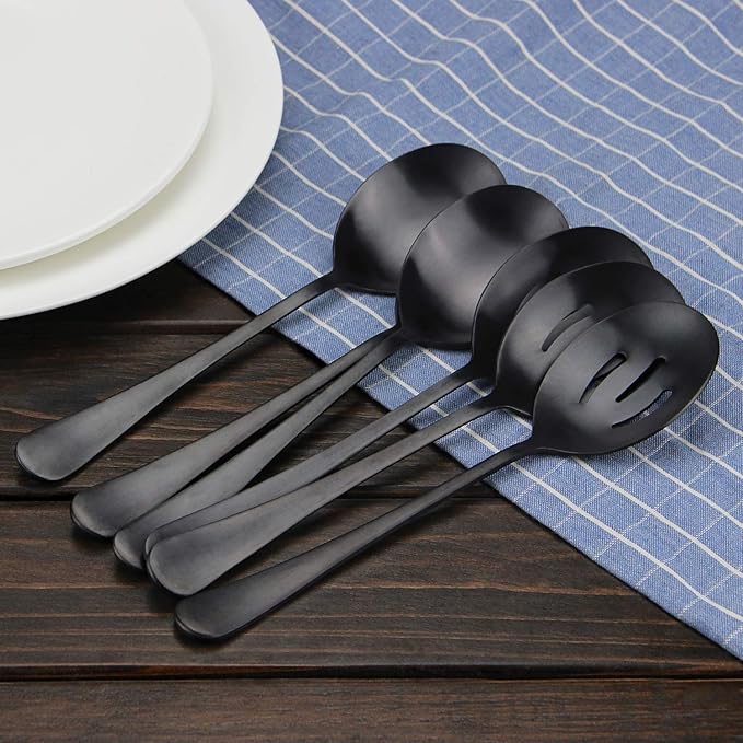 AOOSY 8.7Inch Matte Black Stainless Steel Serving Spoon Set, Serving Spoons x 3, Slotted Spoons x 3 Utility Advanced Buffet Utensils, Premium Skimmer & Perforated Design
