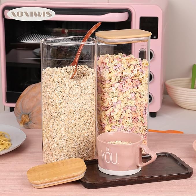 71oz 3PCS Rectangle Spaghetti Pasta Storage Containers with Lids, Tall Pantry Containers, Glass Tight Food Storage Jars with Lids for Penne, Macaroni, Lasagna, Fusilli, Cereal, Flour, Oats
