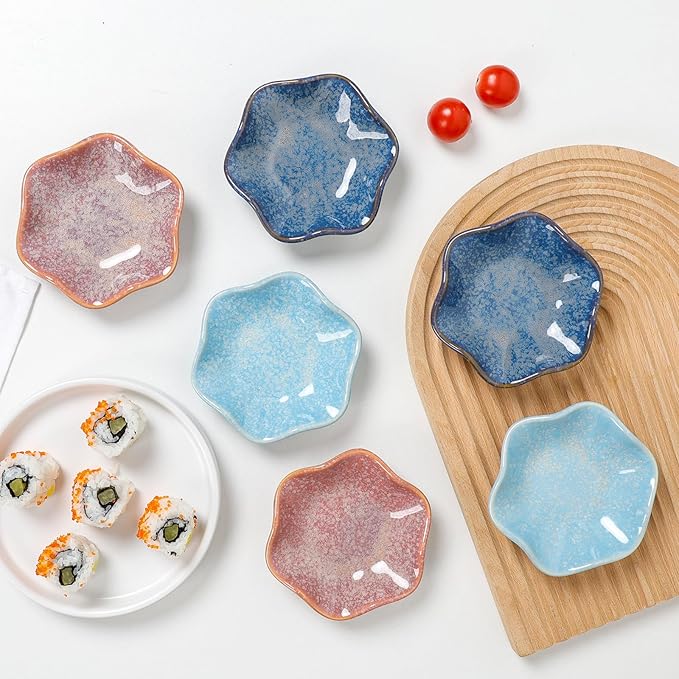 Dipping Bowls Set of 6, Ceramic Soy Sauce Dishes, 2 oz Dipping Sauce Cups, chrysanthemum Round Small Side Dish Dishes for Dipping Sushi Tomato Soy Sauce Dish