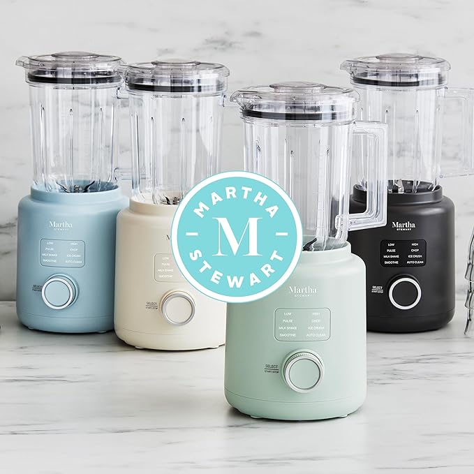 Martha Stewart 50oz Countertop Blender, Smoothie, Margarita & Ice Crushing Blender, BPA-Free Pitcher, 3 Speeds, 5 Presets, Auto-Clean Function, Dishwasher Safe, Stainless Steel Blades, Sky Blue