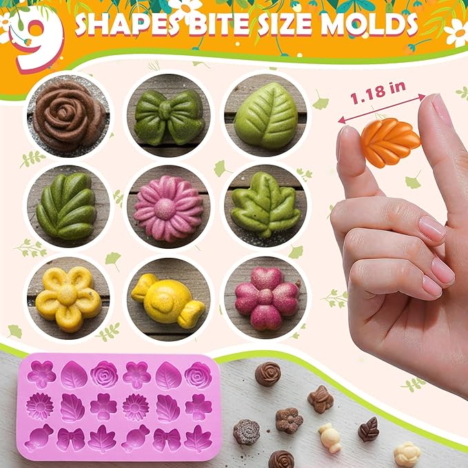 HKNMTT Flower Candy Molds Silicone, Small 9 Shapes Bite Size Chocolate Gummy Jello Gelatin Spring Cute Bow Rose Leaf Dessert Wax Melt Ice Cube Moulds Food Grade Treats Making Oven Safe Kids DIY Set