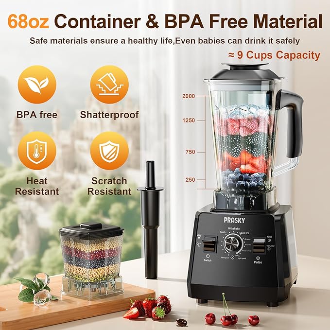 Blenders for Kitchen, Smoothie Blender, 2400W/1000W Prasky Blender & Grinder Combo, 25,000 RPM High Speed, 68oz BPA-Free Food Processor, Countertop Blender for Smoothies, Shakes & Food (Black, 2L)