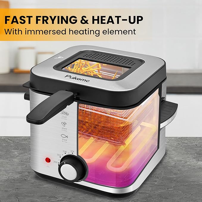 PUKOMC Electric Deep Fryer, 1.5 Liters/1.6 Qt. Oil Capacity, Small Deep Fryer with Basket for Home Use, Cool Touch Sides Easy to Clean, Nonstick Basket