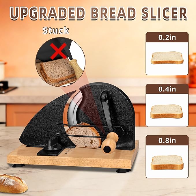 Manual Bread Slicer for Homemade Sourdough Bread Adjustable Thickness Bread Cutter with Hand Crank, Slicing Guide, Scale Line, Stainless Steel Blade & Suction Cups, for Perfect Even Slices (Black)