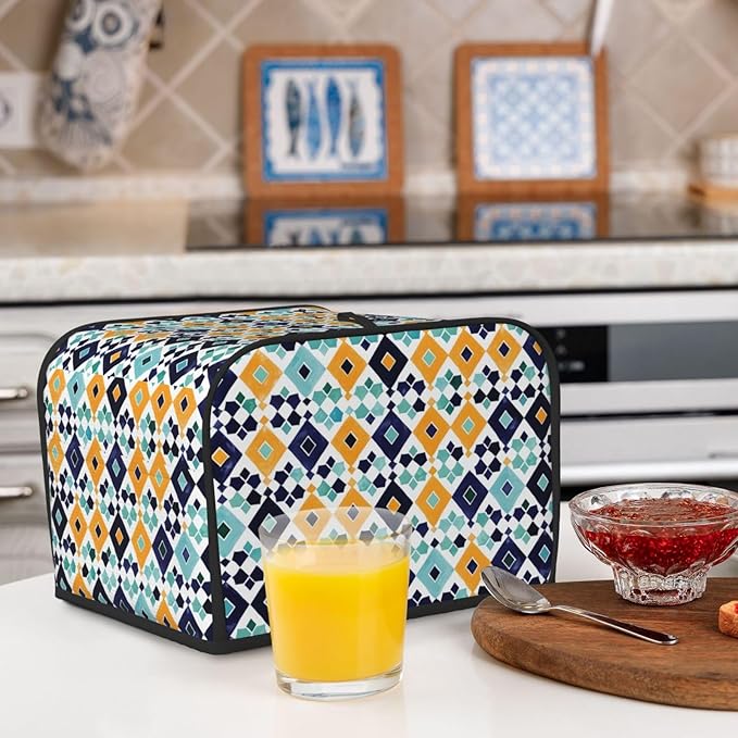 Mexican Blue Tiles Covers for 4 Slice Toasters,Cute Country Bread Machine Cover with Handle,Washable Stain Resistant Kitchen Small Appliance Cover Dining Decor