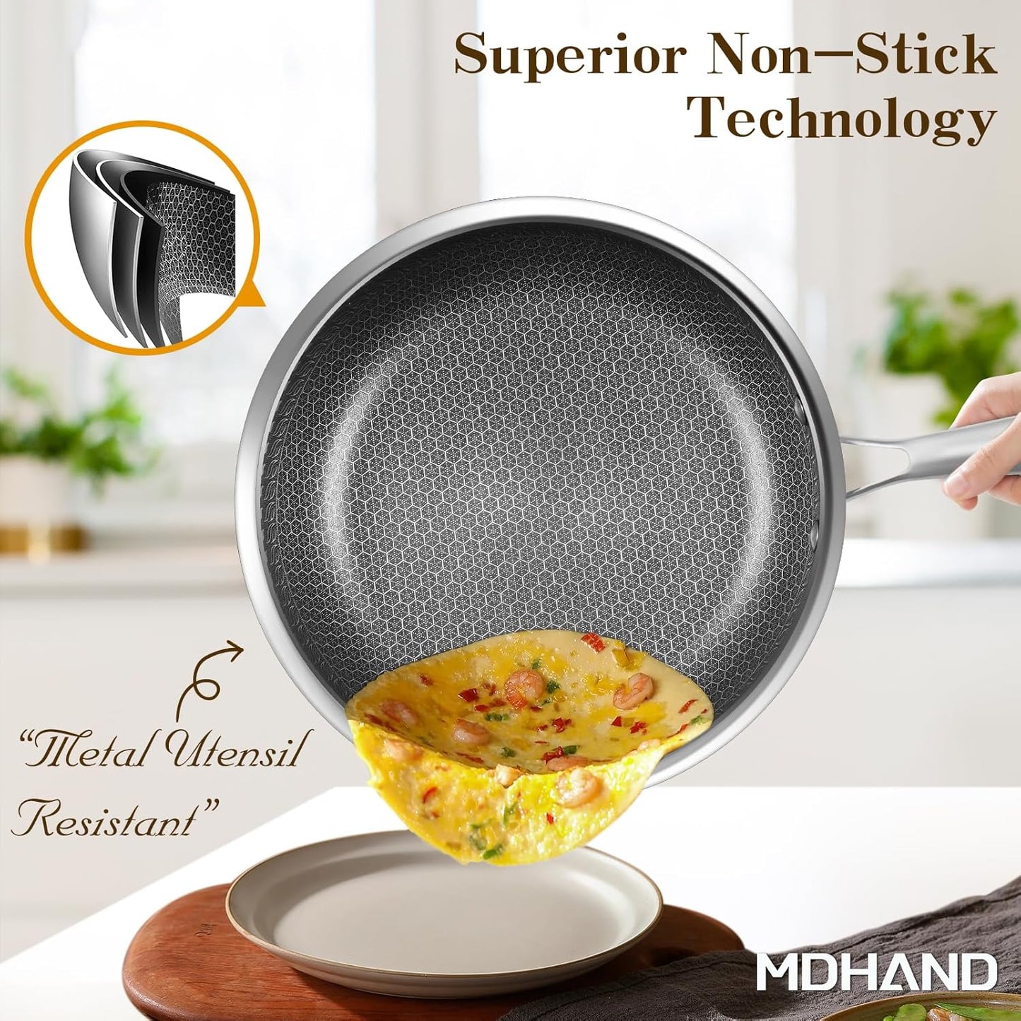 MDHAND 10 Inch Nonstick Frying Pan with Tempered Glass Lid, Premium Stainless Steel Skillet with Stay-Cool Handle, Dishwasher-Friendly, Oven-Safe, Induction Ready, Compatible with All Cooktops