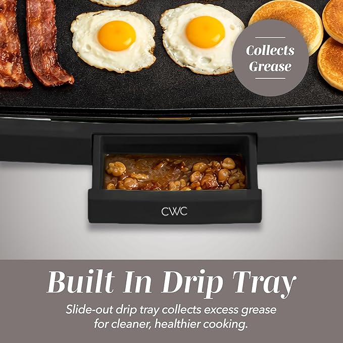 COOK WITH COLOR Electric Griddle 1200W, Nonstick Surface for Pancakes, Burgers, Eggs & More, Removable Temperature Control, Slide-Out Drip Tray, 10" x 16" Cooking Area, Black