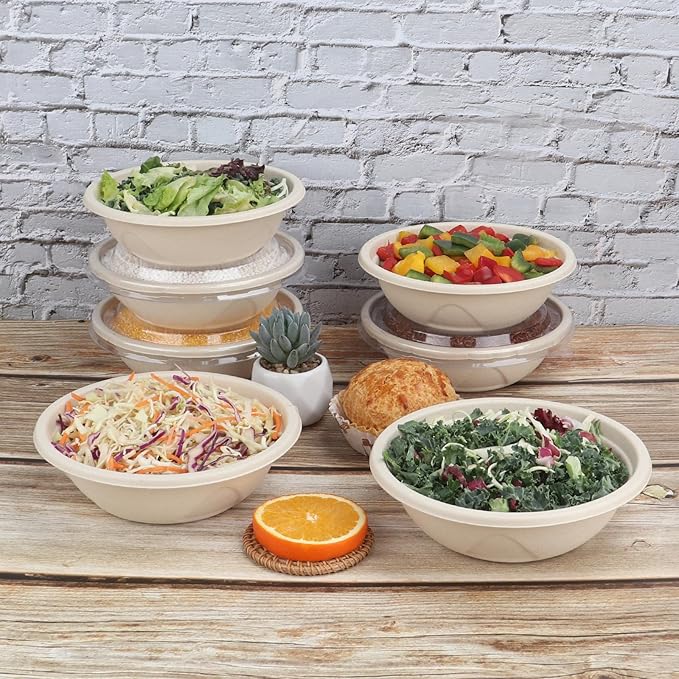 25 oz Disposable salad bowls with lids, Sugarcane Fiber Paper Bowls take away food containers meal prep deli container Freezer Safe 50 Pack