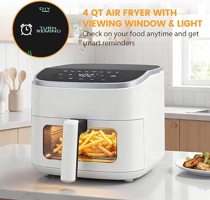 Sweetcrispy Air Fryer 4 Quart with Window, 1500W Digital Airfryer with 8 Presets, 60-Min Timer, Max 400°F, Auto Shut Off & Nonstick Dishwasher Safe Basket, Shake Reminder for Small Kitchen
