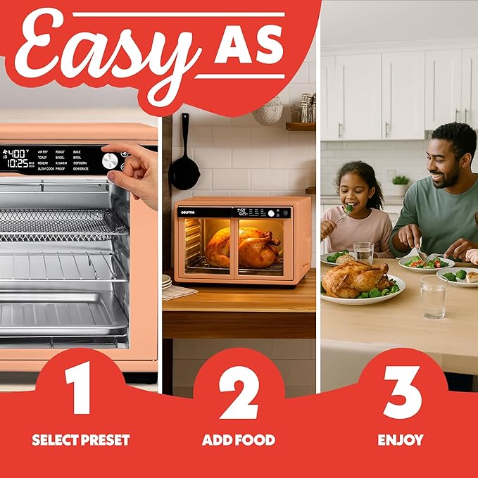 Gourmia French Door Air Fryer Oven - 37 Qt Large Capacity Convection Toaster Oven, FryForce 360°, Digital Display, 12 Cooking Presets, Dehydrate, Fits 13” Pizza, Dishwasher-Safe, Peach