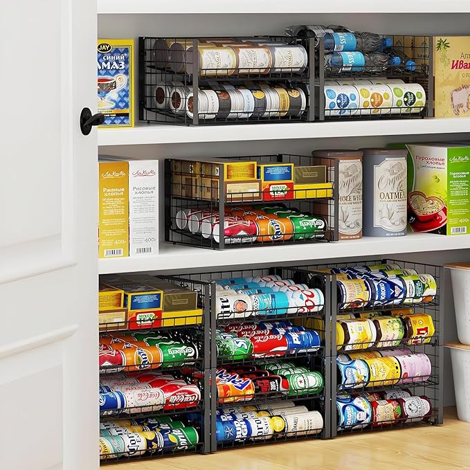 JKsmart 2-Tier Stackable Can Rack Organizer for Pantry, Adjustable Can Dispenser Holds Up to 60 Cans, Can Storage Holder for Various Ounces of Canned Food Soda Drinks, Black, 2 Pack