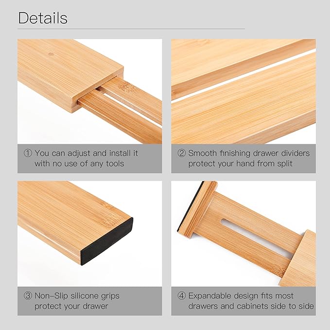 Utoplike Small Bamboo Kitchen Drawer Dividers(Fits 15"-17.7" Drawer Inner Size), 4 PCS Adjustable Drawer Organizers for Socks, Spring Loaded, Works in Drawer for Bedroom, Dresser | Adjustable, Drawer Organizers, for Socks, Spring Loaded, Works in Drawer