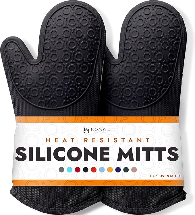 BPA-Free Silicone Oven Mitts Ultra Heat Resistant up to 500°F - Oven Mitts with Thick Cotton Liner - Long Slip Resistant Pot Holders, Flexible Oven Gloves - Black 13.7"